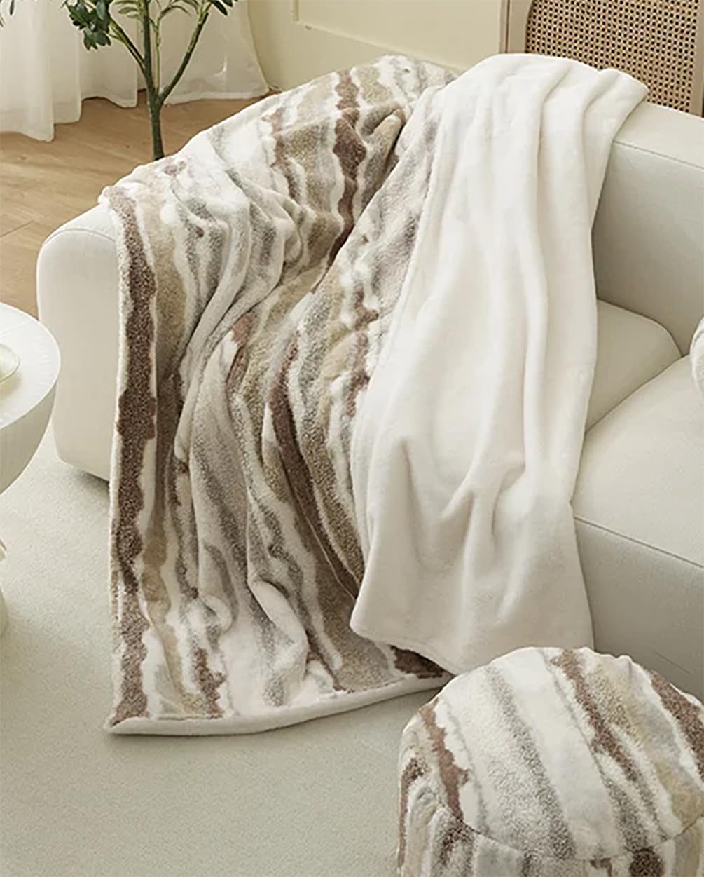 Fennco Styles Stripe Faux Fur Fleece Reversible Throw Blanket 60" W X 80" L - Beige Plush Fluffy Soft Blanket for Home, Couch, Bedroom, Living Room, Office, and Holiday Décor