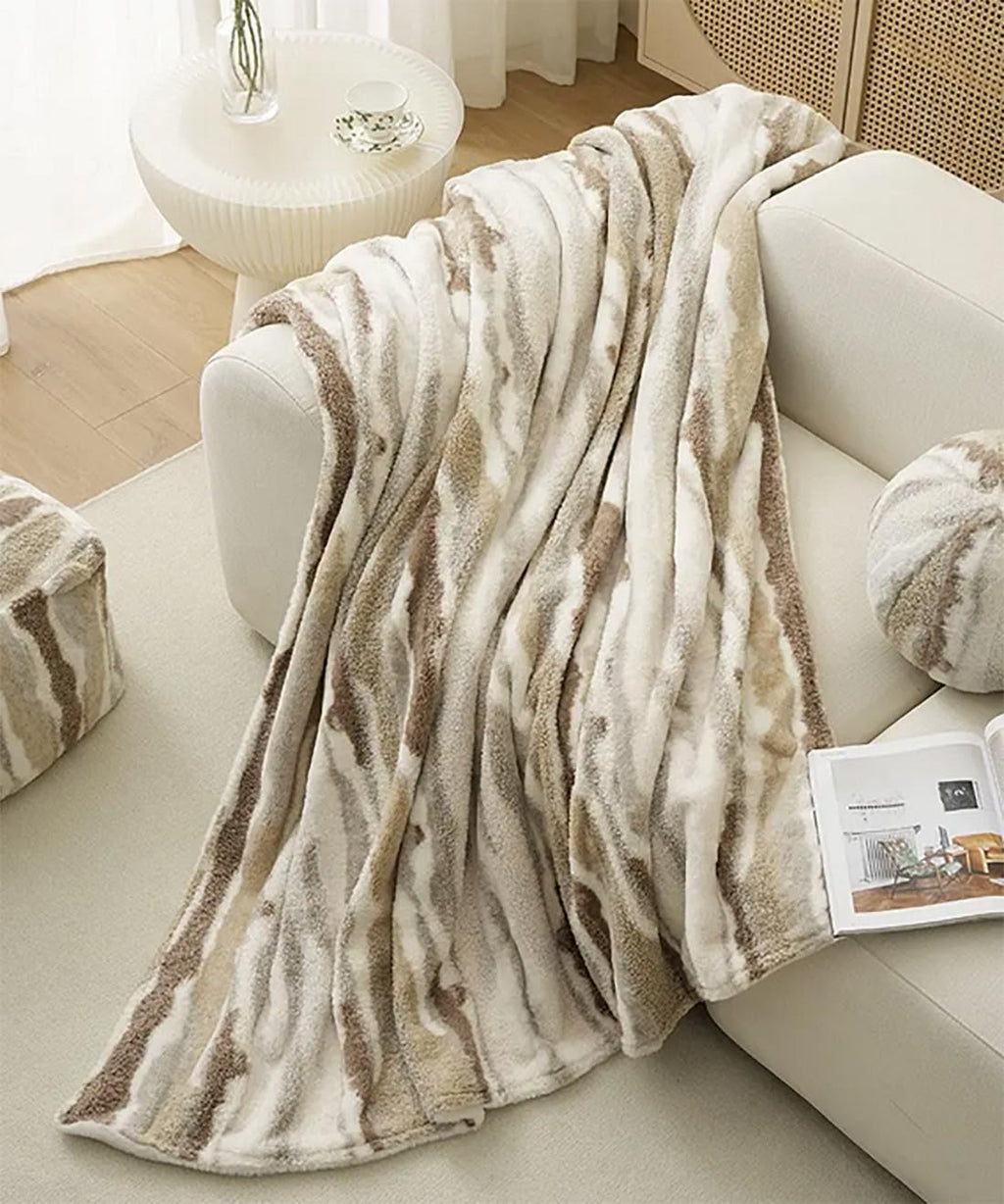 Fennco Styles Stripe Faux Fur Fleece Reversible Throw Blanket 60" W X 80" L - Beige Plush Fluffy Soft Blanket for Home, Couch, Bedroom, Living Room, Office, and Holiday Décor