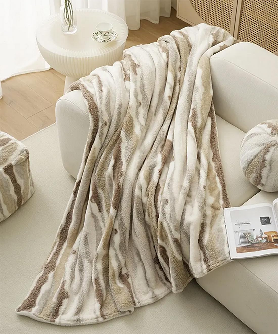 Fennco Styles Stripe Faux Fur Fleece Reversible Throw Blanket 60" W X 80" L - Beige Plush Fluffy Soft Blanket for Home, Couch, Bedroom, Living Room, Office, and Holiday Décor