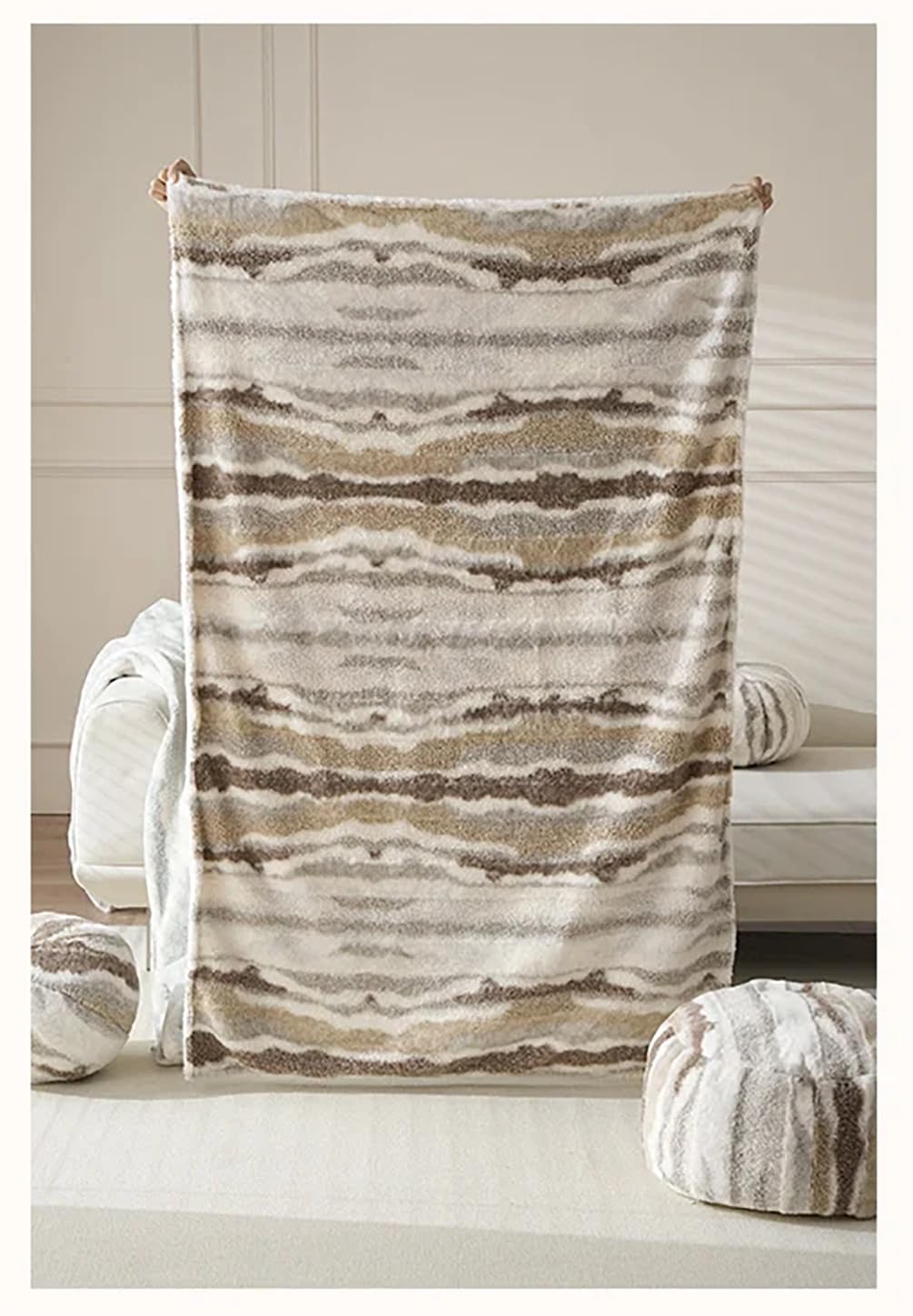 Fennco Styles Stripe Faux Fur Fleece Reversible Throw Blanket 60" W X 80" L - Beige Plush Fluffy Soft Blanket for Home, Couch, Bedroom, Living Room, Office, and Holiday Décor