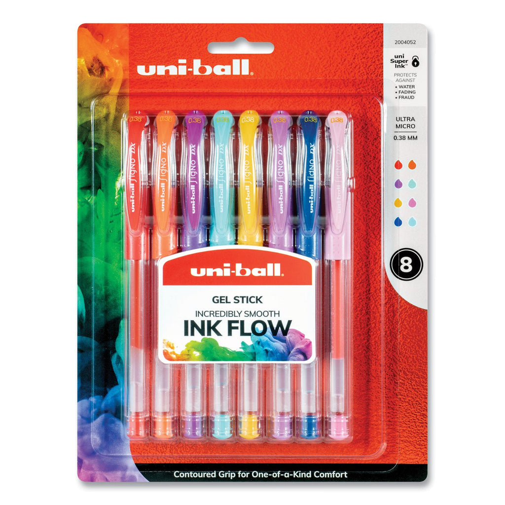uniball Gel Pen, Stick, Micro 0.38 mm, Assorted Ink Colors, Clear Barrel, 8/Pack