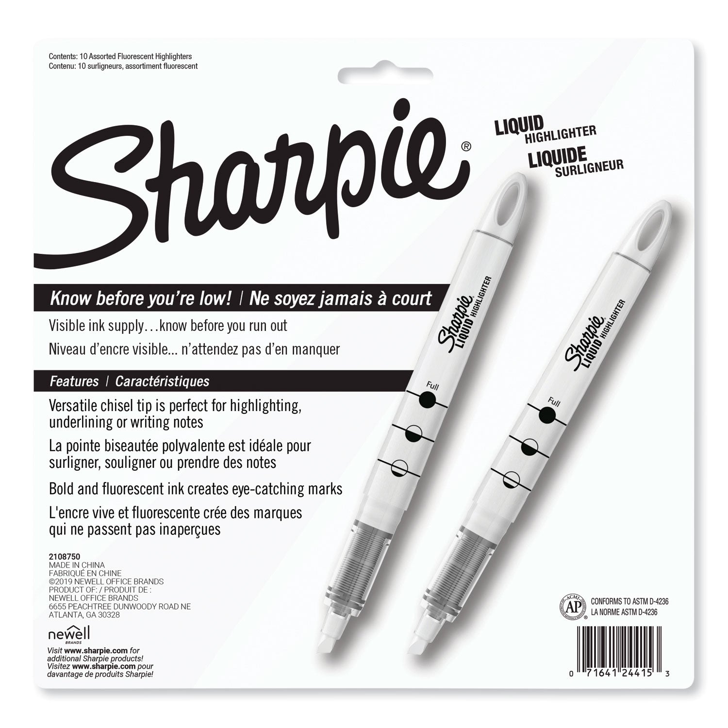 Sharpie Liquid Pen Style Highlighters, Assorted Ink Colors, Chisel Tip, Assorted Barrel Colors, 10/Set