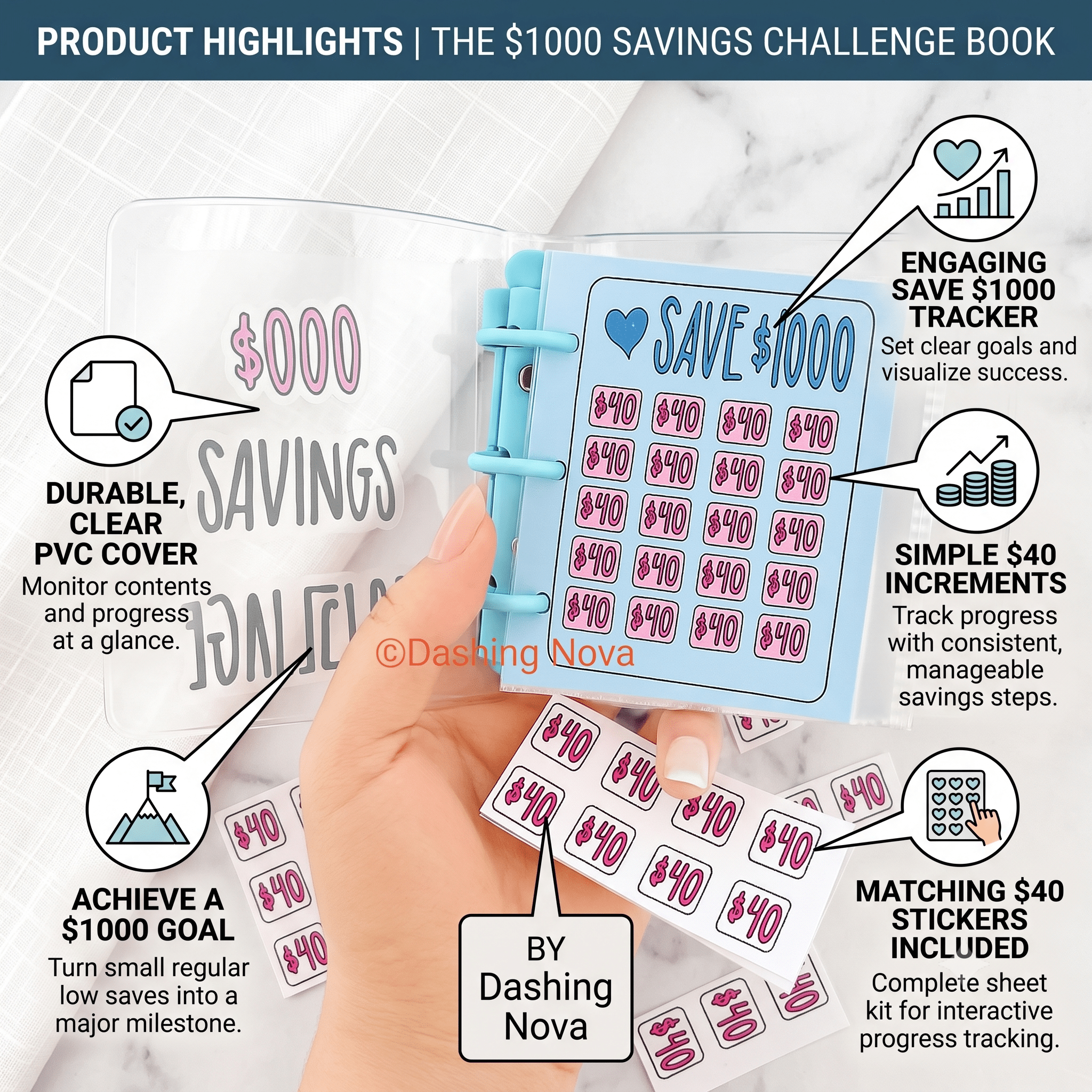 Clear Cover 1000 Dollar Savings Challenge Book 3-Ring PVC Money Saving Binder Personal Finance Budgeting Organizer